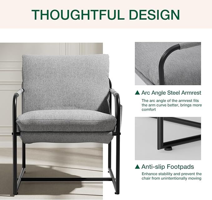 HOMMPA Sling Accent Chair Set of 2 Steel Arm Chair Living Room Chair with Side Storage Pocket Reading Accent Chair Mid Century Modern Bedroom Chair Metal Frame &amp Linen Fabric Cover