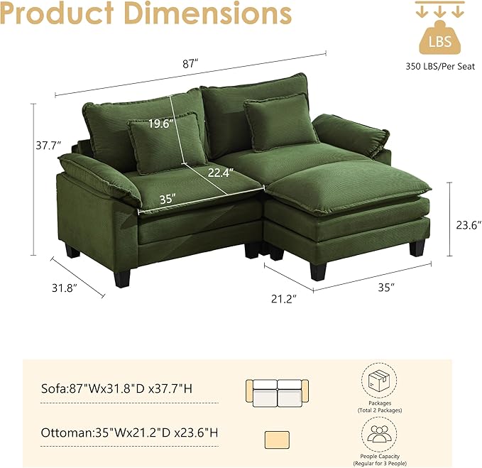 URRED Modular Cloud Couch Sectional Sofa 87 L Shaped Deep Seat Sofa with Ottoman &amp Pillows Ultra Comfy Corduroy Loveseat Sofa for Living Room Apartment or Bedroom Green | Corduroy Fabric