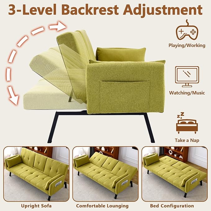 72 Cotton Linen Futon Couch Living Room Couch Bed Convertible Sleeper Sofa Bed with Cup Holder for Bedroom Guest Bed 2 Seater Reclining Sofas Couches with Nailhead Trim for Small Space (Green)