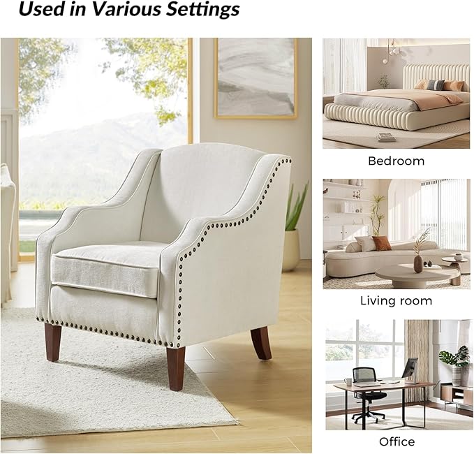 HULALA Home Accent Chair with Swoop Arms Upholstered Armchair with Removable Cushion &amp Solid Wood Legs Nailhead Trim Single Sofa Chair Reading Chair for Living RoomLounge Room Ivory