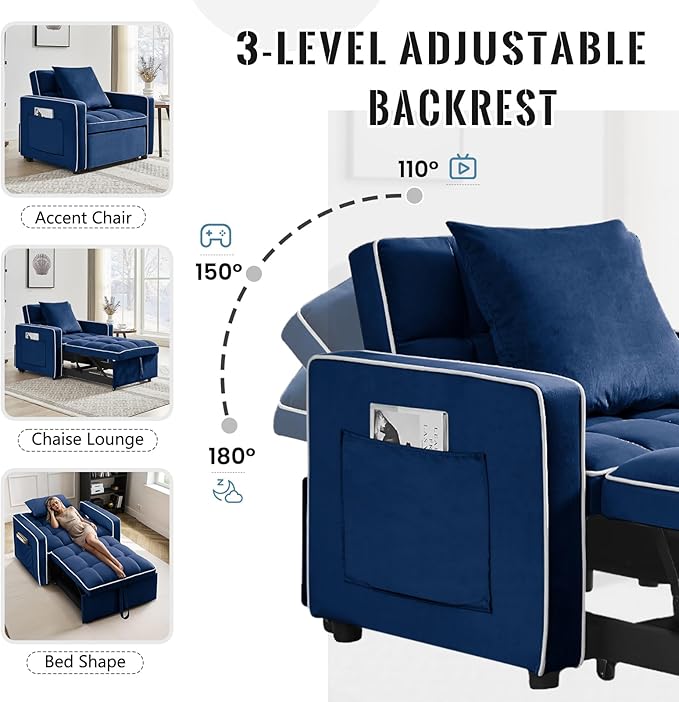 3 in 1 Velvet Sleeper Chair with Pull Out Bed Convertible Single Sofa Bed Futon Modern Tufted Chair with Adjustable Backrest Pullout Sleeper Sofa Chair for Bedroom Living Room Lounge (Blue)