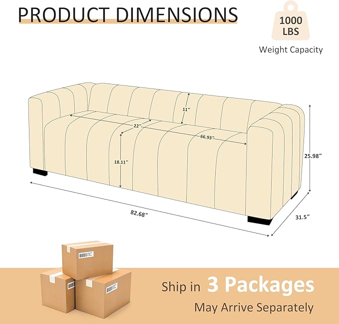 VANOMi 82.68 Oversized Boucle Sofa for Living Room Modern Upholstered Tufted Cloud CouchComfy 3 Seater Deep Seat Sofa with Wood Legs for Apartment Reception RoomCurry