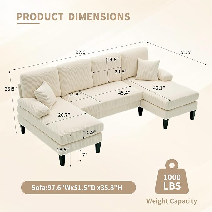 98 U Shaped Couch with 18 Seat Height Sectional Couches for Living Room 4 Seater Couch Set with Double Chaise for Apartment Living Room Sofas Corduroy Beige