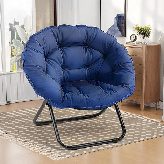 Folding Saucer Chairs for Living Room Circle Chairs with Faux Fur Moon Saucer Chairs for Adults Dorm Reading (Blue)