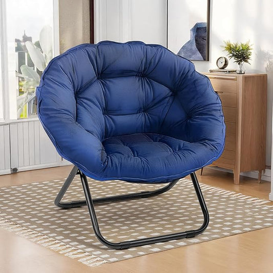 Folding Saucer Chairs for Living Room Circle Chairs with Faux Fur Moon Saucer Chairs for Adults Dorm Reading (Blue)