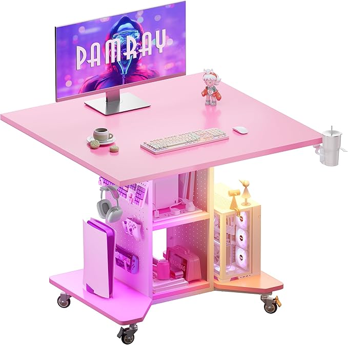 Pamray Small Rolling Gaming Desk with Led Lights Power Outlets and Storage Pegboard Small Spaces Compact PC Computer Table Pink