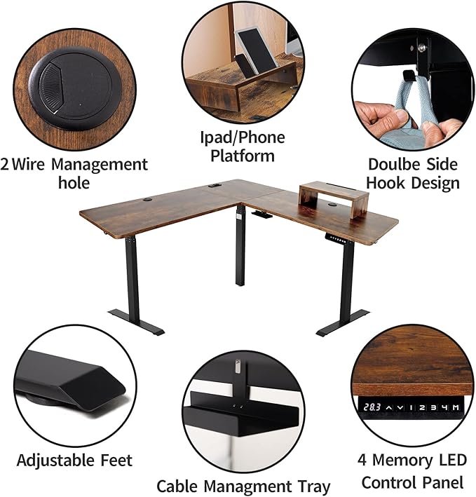 UNICOO L-Shaped Triple Motor Electric Height Adjustable Standing Desk for Gaming &amp Home Office Easy Touch Control &amp Solid Steel Construction (Rustic Brown Top/Black Frame-XOT-L3E-RB)