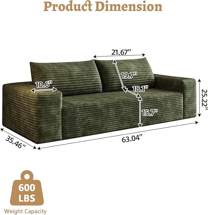 Boneless Sofa Compressed Sofa Couch in a Box Deep Seat Couch for Living Room Bedroom Conference Room Apartment Backrest Pillow No Assembly (Green 63)