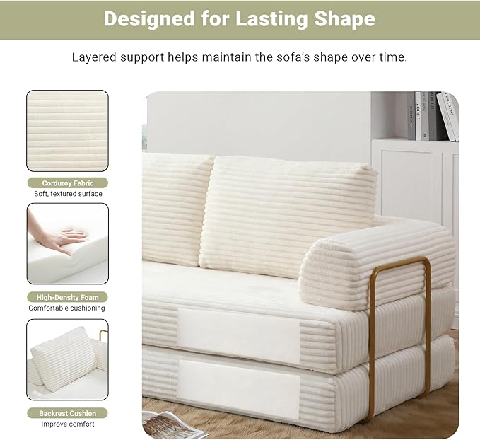 80 Convertible Sofa Bed Modern Corduroy Sleeper Sofa Folding Floor Couch with Golden Fixed-Shape Frame Beige Boneless Loveseat Sofas Bed for Living Room Bedroom No Assembly Needed