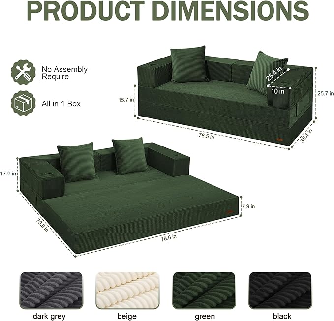 COMAX Queen Size Boneless Couch 79 Futon Sofa Bed Couches for Living Room 4 in 1 Convertible Sleeper Sofa Corduroy Couch Bed Foam in a Box Foldable Cloud Couch Floor Mattress Green