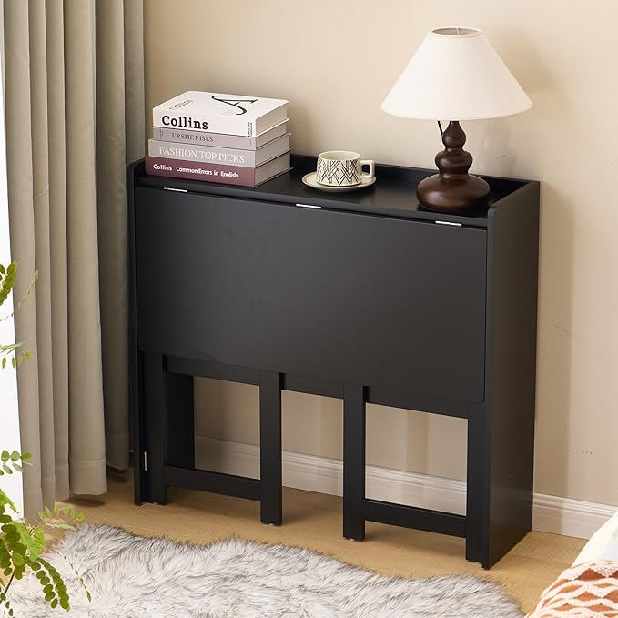 KEIKI 32.6 Folding Table with Storage Shelf Foldable Computer Desk for Small Spaces Space-Saving Study Table for Bedroom Home Office Dorm and Apartment Black
