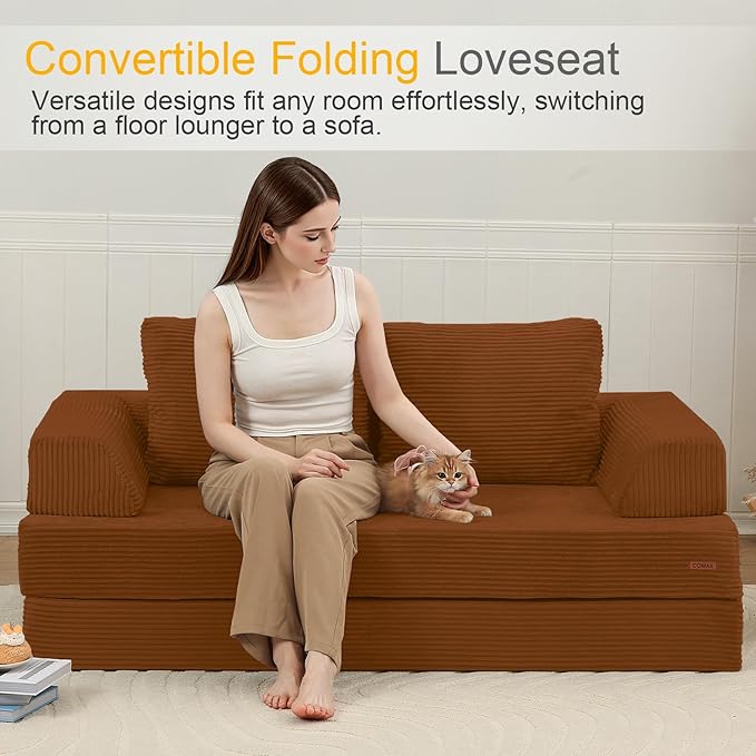 COMAX Convertible Sofa Bed Folding Floor Couch Corduroy Fold Out Couch Bed Futon Sleeper Mattress with Pillows Boneless Sofa Comfy Lounge Loveseat for Living Room Bedroom Orange
