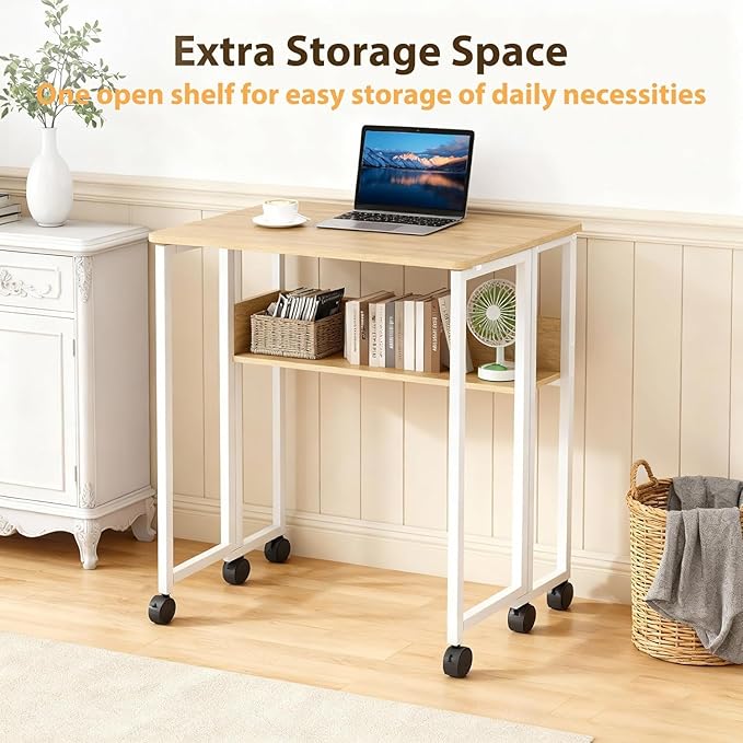 Folding Desk with Storage Shelf and Wheels Collapsible Rolling Desk Space-Saving Mobile Workstation Laptop Cart Table for Home Office Bedroom Dorm Oak