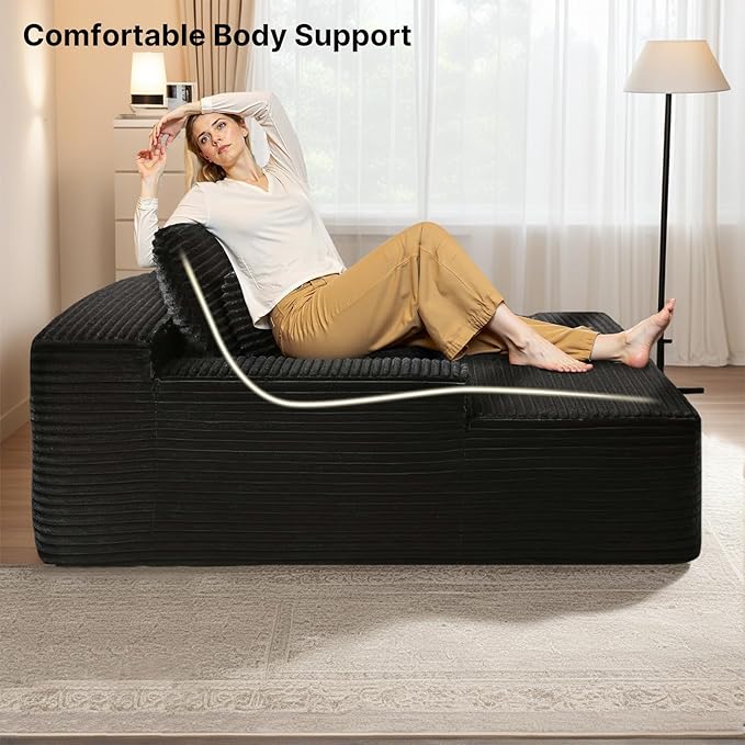 41 Oversized Chaise Lounge Chair Indoor Black Corduroy Boneless Sofa Bed Comfy Cloud Couch Sectional Couches for Living Room Bedroom No Assembly(Left)