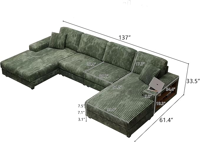 137” Oversized Corduroy Sectional Sleeper Sofa with Double Storage Chaise U Shaped 4 Seat Sectional CouchGreen