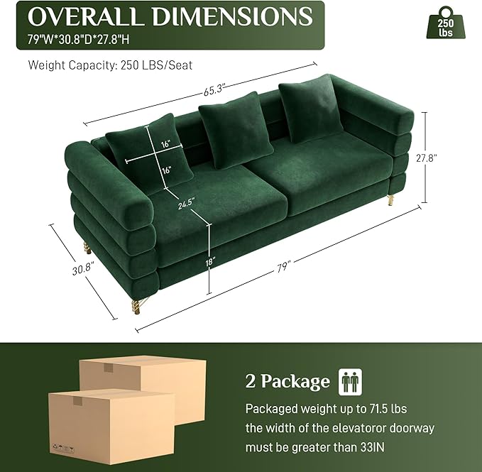 OUYESSIR Cloud Sofa Couch for Living Room 79 Comfy Deep Seat Velvet Sofa with 3 Pillows and Gold Legs Modern Upholstered 3 Seater Large Loveseat for Bedroom Office Emerald Green Velvet