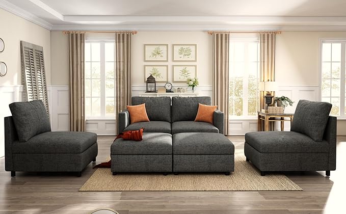123 Large Modular Sectional SofaModern U-Shaped Sectional couch with Storage6-Seater Deep Seat Chenille Fabric Sofa for Living Room L-Shape Convertible with Movable Ottoman &amp Cup Holders (Grey