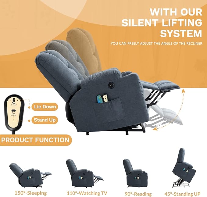 Electric Power Lift Recliner Chair with Heat and Massage Lift Recliner for Elderly Single Sofa recliners for Living Room with Cup Holders 4 Pockets USB Ports Soft Fabric (Gray-Blue)