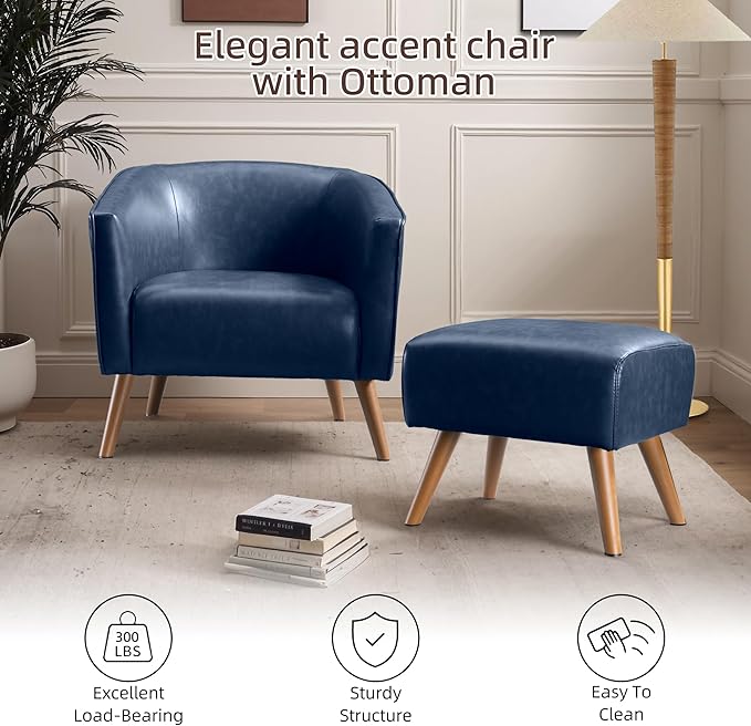 EJUNQ Accent Chair with OttomanModern Barrel Chair and FootrestMid Century Living Room ChairsUpholstered Armchair for Living Room/Bedroom/Reception Room/OfficeDark Blue