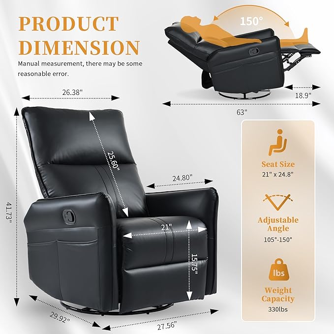 Swivel Rocker Recliner Chair Upholstered 360° Fabric Leather Glider Rocker Chair for Nursery Manual Small Recliners for Small Spaces Living Room Weight Capacity 300lbs