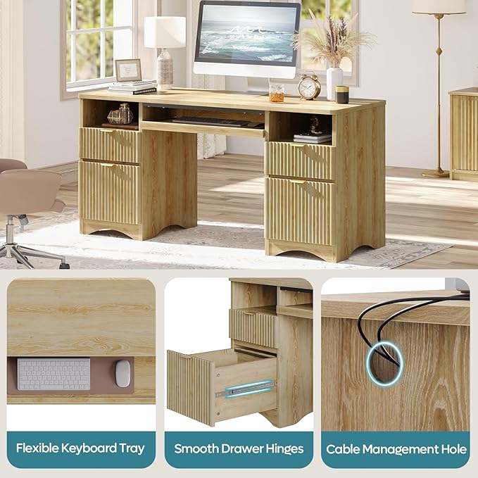 Bestier Computer Desk with Keyboard Tray 59 inch Office Desk with 4 Drawers Modern Home Office Desk with File Drawer (Natual Oak 59 W with Double-Sided Drawers)