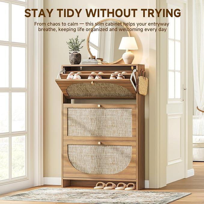 Nicetree Freestanding Ultra Slim Arched Rattan Accent Shoe Storage Cabinet for Entryway - 3 Flip Drawers &amp 3-Tier Adjustable Shelves Farmhouse Modern Rustic Shoe Rack for Hallway FoyerOak