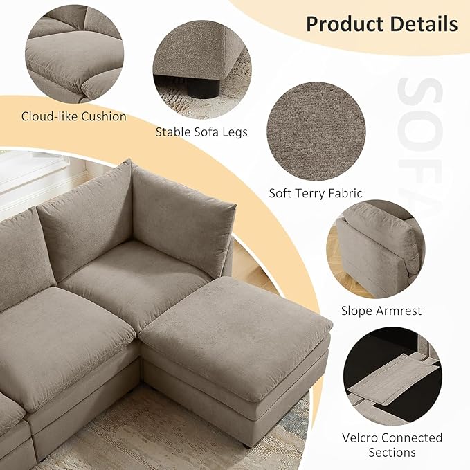 VANOMi 98 L Shape Modular Sectional Cloud Sofa Couches Convertible Sleeper Sofa with Thick Cushion Movable Ottoman for Bedroom Apartment Upholstered Comfy Living Room Sofa Set Taupe