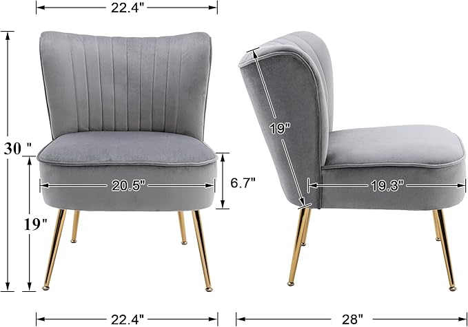 DUOMAY Modern Accent Chair Set of 2 Velvet Slipper Chair with Gold Legs Wingback Side Chair for Living Room Bedroom Entryway Small Corner Chair for Space Saving Grey