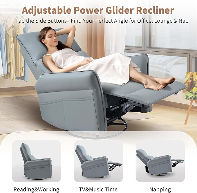 270° Power Swivel Rocker Recliner Chair for Adults – Electric Reclining Small Sofa Chair with Smooth Rocking &amp Rotation Comfortable Single Recliner for Living Room Bedroom (Blue)