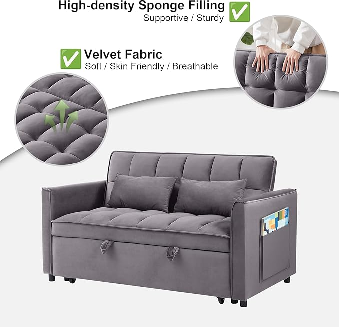 3 in 1 Convertible Sofa Bed Pull Out Couch with Adjustable Backrest Velvet Sleeper Sofa Loveseat with Pillows and Side Pockets for Living Room Bedroom Apartment Dark Grey