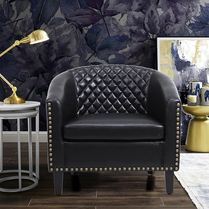 Artificial leather sofa chair barrel-shaped armchair side chair nail head decoration and diamond net backrest suitable for living room bedroom waiting room office and reading chair. (Black)