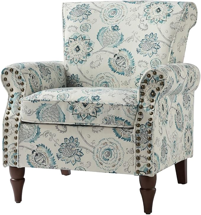 Wingback Accent Chair with Wood Legs Modern Comfy Upholstered Armchair with Removable Cushion and Nailhead Trim Floral Pattern Single Sofa Reading Chair for Living Room Bedroom