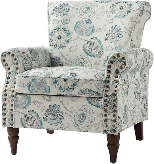 Wingback Accent Chair with Wood Legs Modern Comfy Upholstered Armchair with Removable Cushion and Nailhead Trim Floral Pattern Single Sofa Reading Chair for Living Room Bedroom