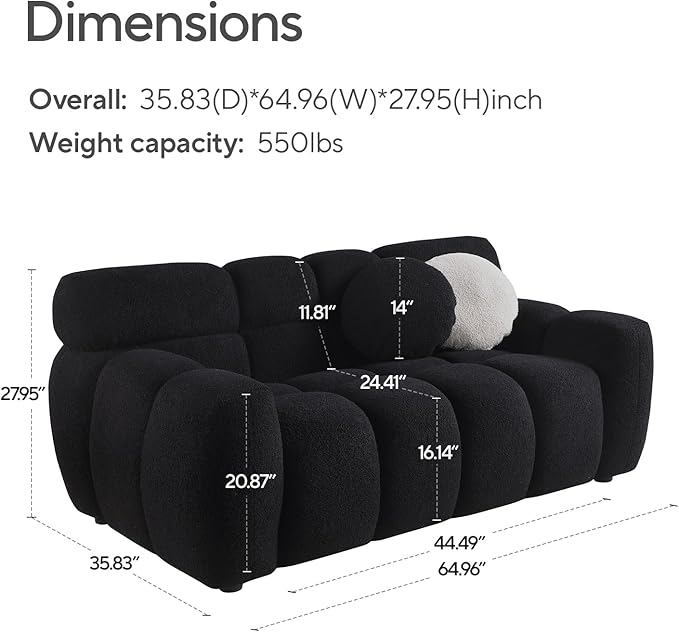 Boucle Sofa for Living Room Cloud Couch with Solid Eucalyptus Frame &amp Cloud Pillow Mid Century Modern Couch for Office Living Room Coffee Room (Black 65-Loveseat)