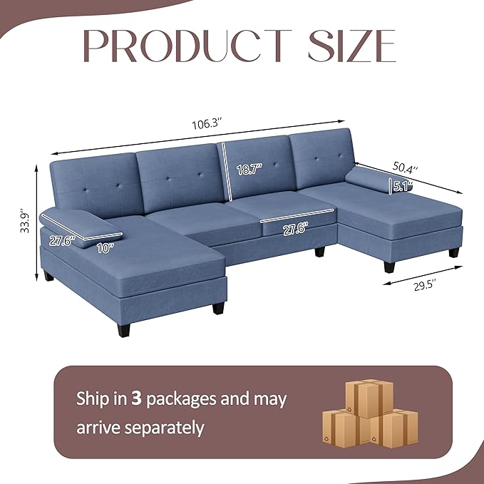 Shintenchi U-Shaped Sectional Couches for Living Room 4 Seat Sofa with Double Chaise LoungesSolid Wood Frame Sectional Sofa for ApartmentBlue