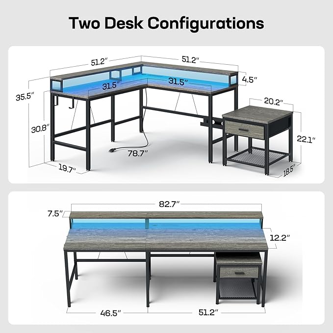 Marsail L-Shaped Computer Desk with Monitor Raiser &amp Printer Stand Home Office Corner Desk with Power Outlets &amp LED Light Ergonomic Gaming Desk with Cable Management Tray Hooks Grey