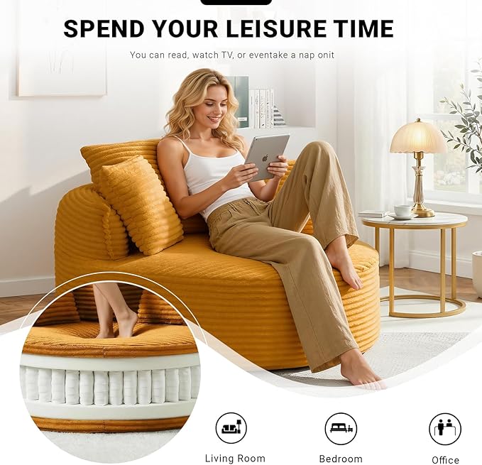 Oversized Round Lounge Chair Indoor Corduroy Upholstered Deep Seat Cloud Circle Sofa Chair Fluffy Boneless Sleeper Chair for Reading &amp Lounging No Assembly Required (Yellow)