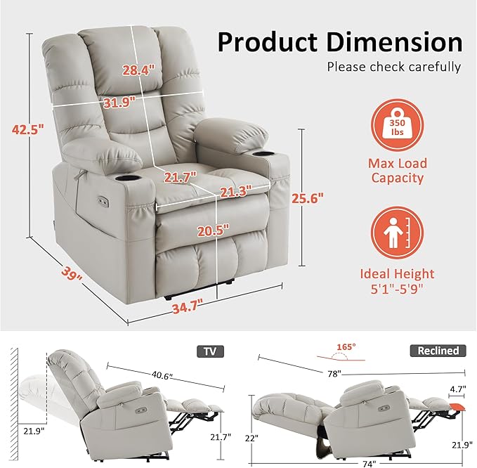 MCombo Triple Motor Power Lift Recliner Chair with Massage and Dual Heating Adjustable Headrest for Elderly People Faux Leather 7632 (Light Grey Medium)