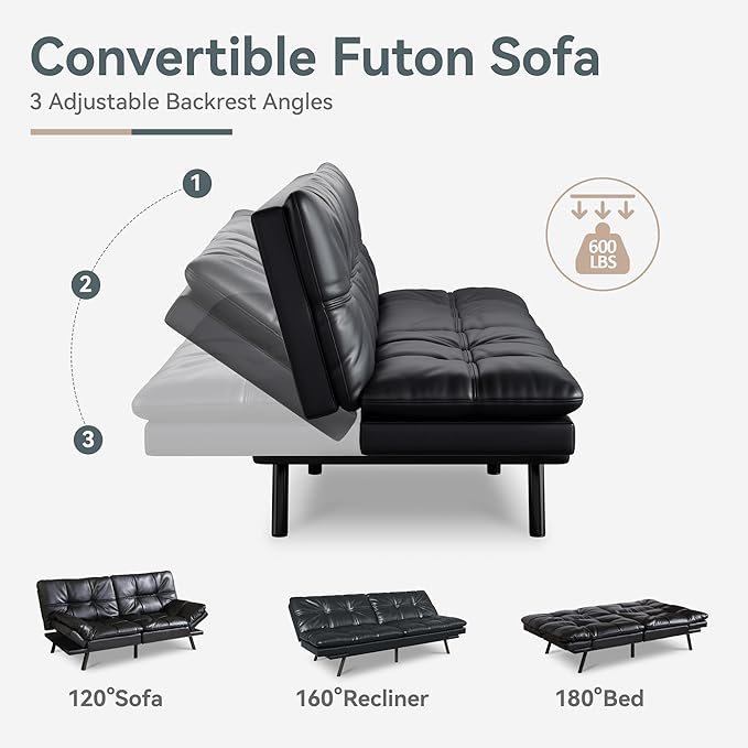 Futon Sofa Bed Convertible Couch Black Faux Leather Sofa Bed with Memory Foam Adjustable Backrest &amp Armrests Multifunctional Small Loveseat Sleeper Sofa for Living Room Apartment Office