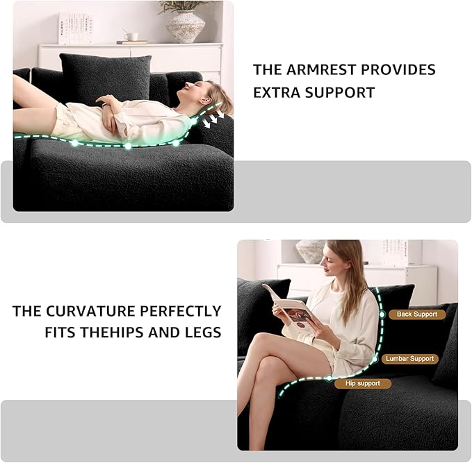 Black 3-Seater Cloud Couch Modern Teddy Fabric Boneless Sectional Sofa in a Box for Living Room Modular Floor Couch Deep Seat No Assembly Required Sofas para Sala