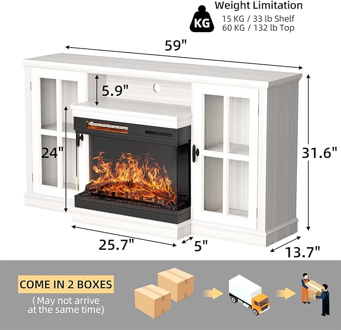 YESHOMY Glass Fireplace TV Stand for TVs up to 65 Inch Media Entertainment Center with Storage White Wash