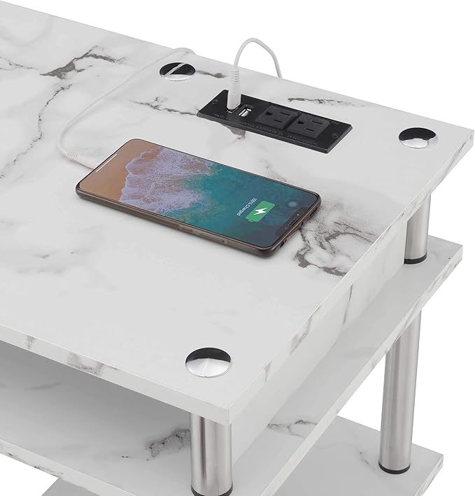 Convenience Concepts Designs2Go No Tools Student Desk with Charging Station and Shelves White Marble