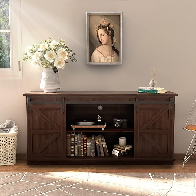 JUMMICO TV Stand for 65 Inch TV Entertainment Center with Storage Cabinets and Sliding Barn Doors Mid Century Modern Media TV Console Table for Living Room Bedroom (Brown)