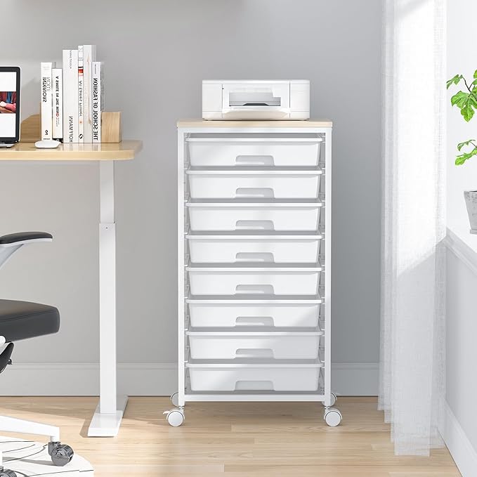 Rolling Storage Cart with DrawersUtility Cart With 8 Drawers and Wooden TabletopRolling Drawer CartStorage Drawer Cart for Living RoomClassroomBedroomBathroomDormOfficeWhite
