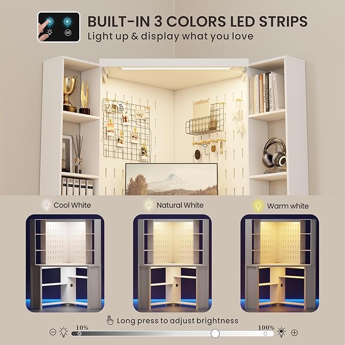 Corner Desk with - LED Reading Light L-Shaped Computer Desk w/Hutch &amp Shelves Home Office Desk w/Charging Station for Work &amp Study File Cabinet Storage Bookshelf for Small Space (White)