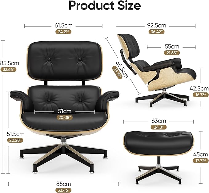 Top Black Grain Leather Mid Century Chaise Lounge Chair and Ottoman Modern Chair Classic Design Ash Wood Heavy Duty Base Support for Living Room Office