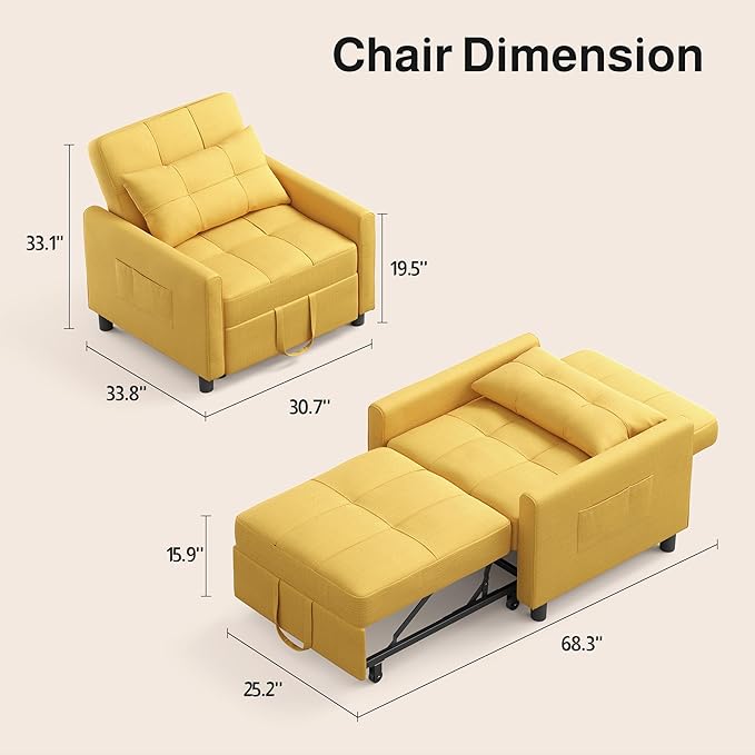 Ahomly Convertible Sleeper Chair Sofa Bed with 3-in-1 Design Adjustable Backrest and Storage Pocket for Living Room Yellow