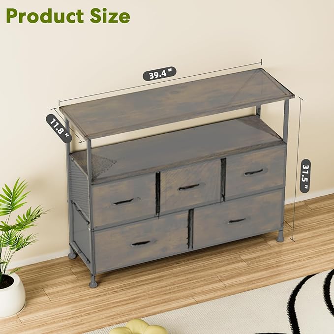 Simple Deluxe TV Stand Dresser for Bedroom Entertainment Center with 5 Fabric Drawers Storage Organizers Units for Living Room Media Console Table with Open Shelf up for 45 TV Rust Wood top
