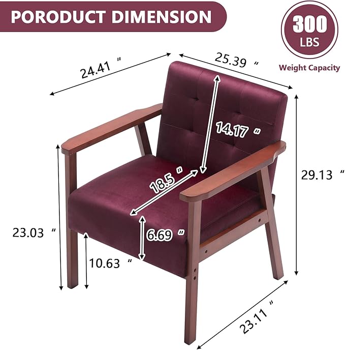 Anwick Mid-Century Accent ChairModern Velvet Living Room Chair with Solid Wood FrameComfy Armchair Lounge Reading Chairs for Bedroom Office Small Spaces (Wine Red)