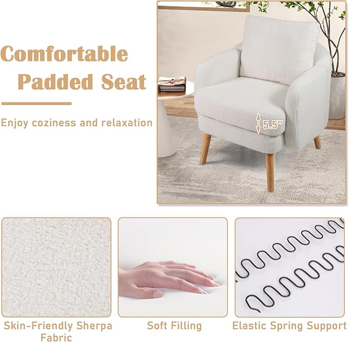 KOMFOTT Sherpa Accent Chair Upholstered Armchair with Seat Cushion Lumbar Pillow &amp Rubber Wood Legs Modern Single Sofa Chair Reading Chair for Living Room Bedroom Office Small Spaces White